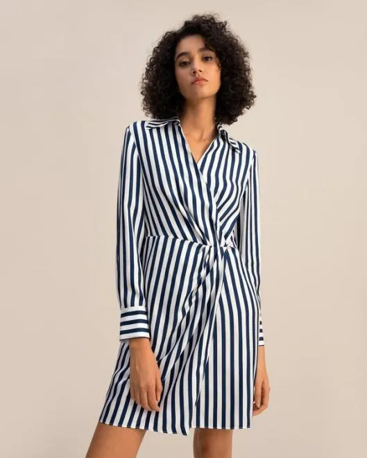 The Amalfi Stripe Wrap Silk Shirtdress Women Jumpsuits Lilysilk Dresses