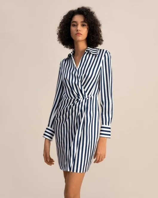 The Amalfi Stripe Wrap Silk Shirtdress Women Jumpsuits Lilysilk Dresses