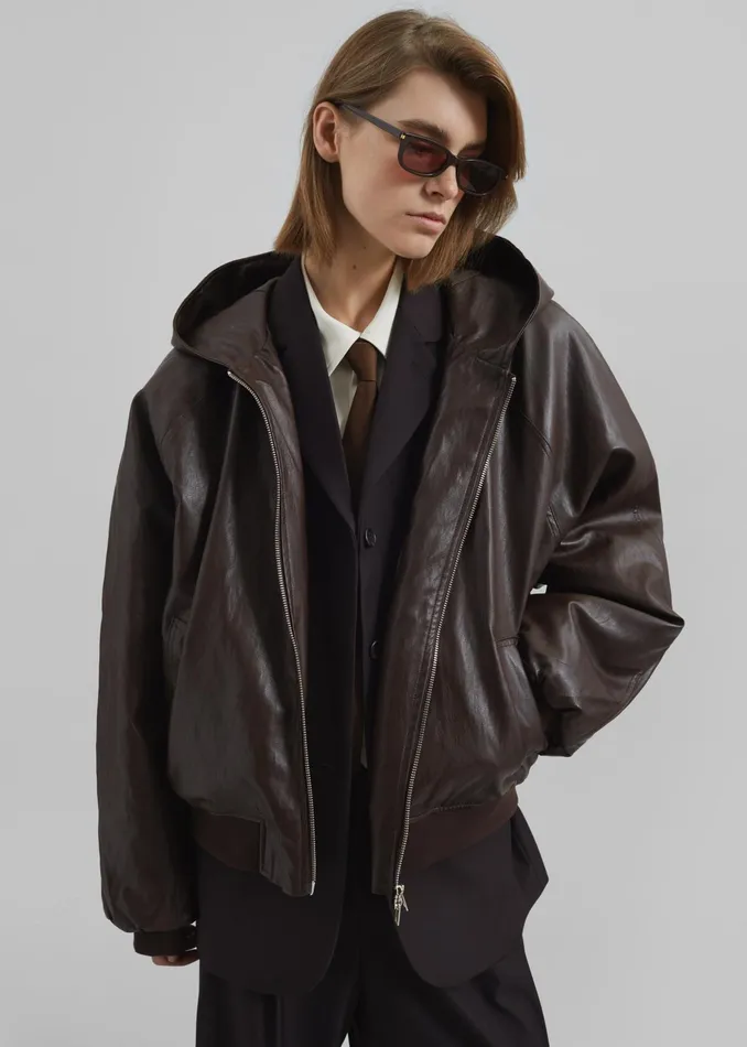 The Frankie Shop Outerwear Burnaby Faux Leather ZipUp Hoodie 8211 Brown 8211 Women