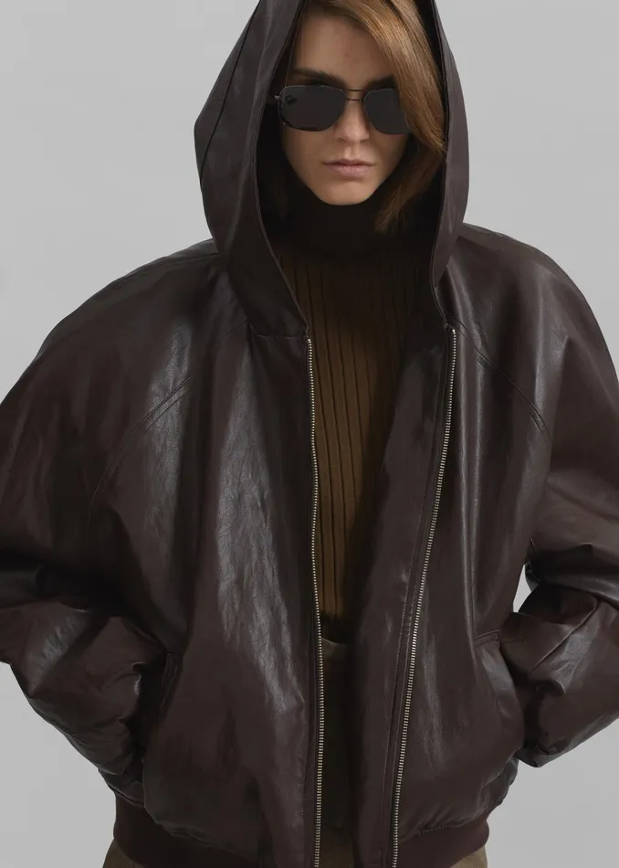 The Frankie Shop Outerwear Burnaby Faux Leather ZipUp Hoodie 8211 Brown 8211 Women