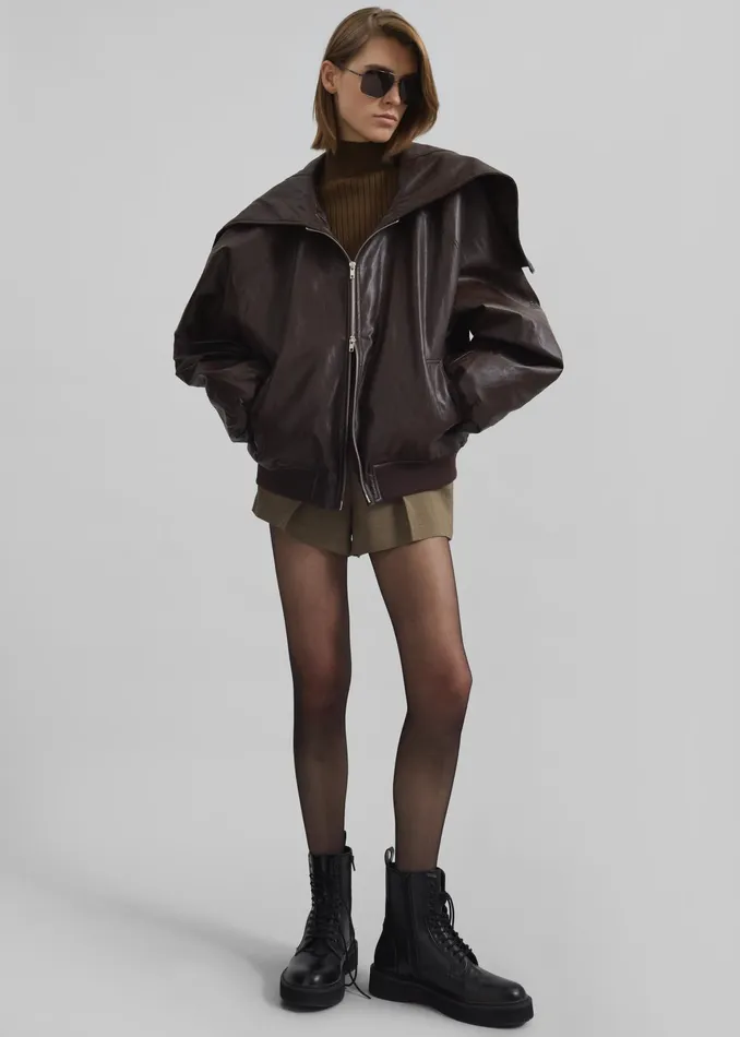 The Frankie Shop Outerwear Burnaby Faux Leather ZipUp Hoodie 8211 Brown 8211 Women