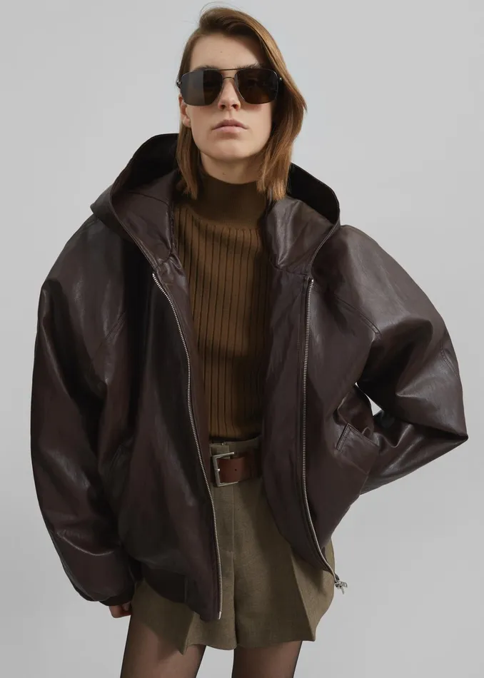 The Frankie Shop Outerwear Burnaby Faux Leather ZipUp Hoodie 8211 Brown 8211 Women