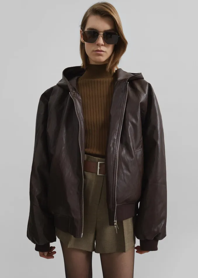 The Frankie Shop Outerwear Burnaby Faux Leather ZipUp Hoodie 8211 Brown 8211 Women