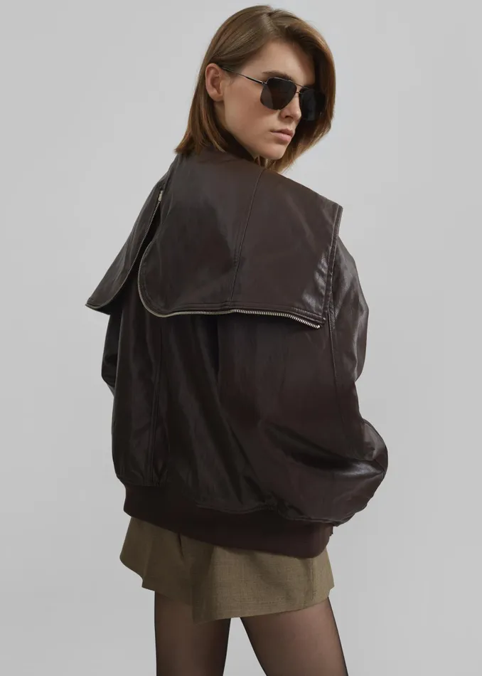 The Frankie Shop Outerwear Burnaby Faux Leather ZipUp Hoodie 8211 Brown 8211 Women