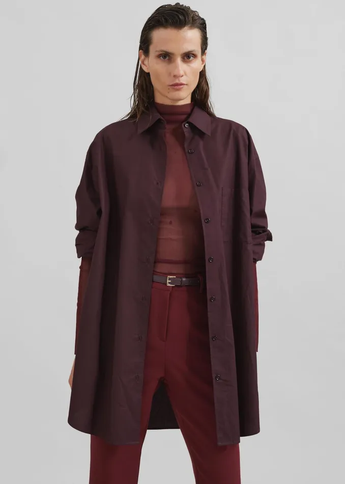 The Frankie Shop Tops Helen Organic Cotton Long Shirt 8211 Dark Plum 8211 Women