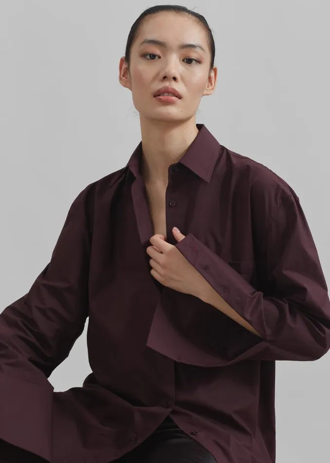 The Frankie Shop Tops Helen Organic Cotton Long Shirt 8211 Dark Plum 8211 Women