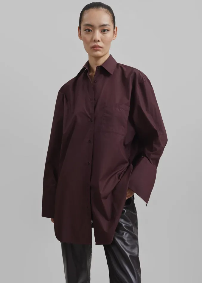 The Frankie Shop Tops Helen Organic Cotton Long Shirt 8211 Dark Plum 8211 Women