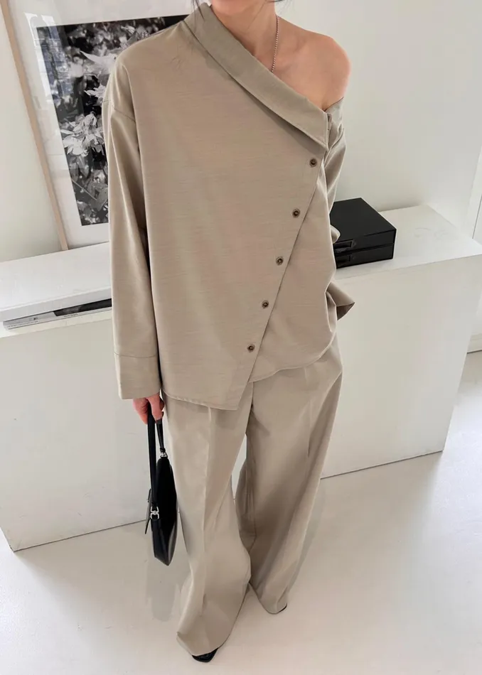 The Frankie Shop Tops Roan Asymmetric Button Up Blouse 8211 Beige 8211 Women