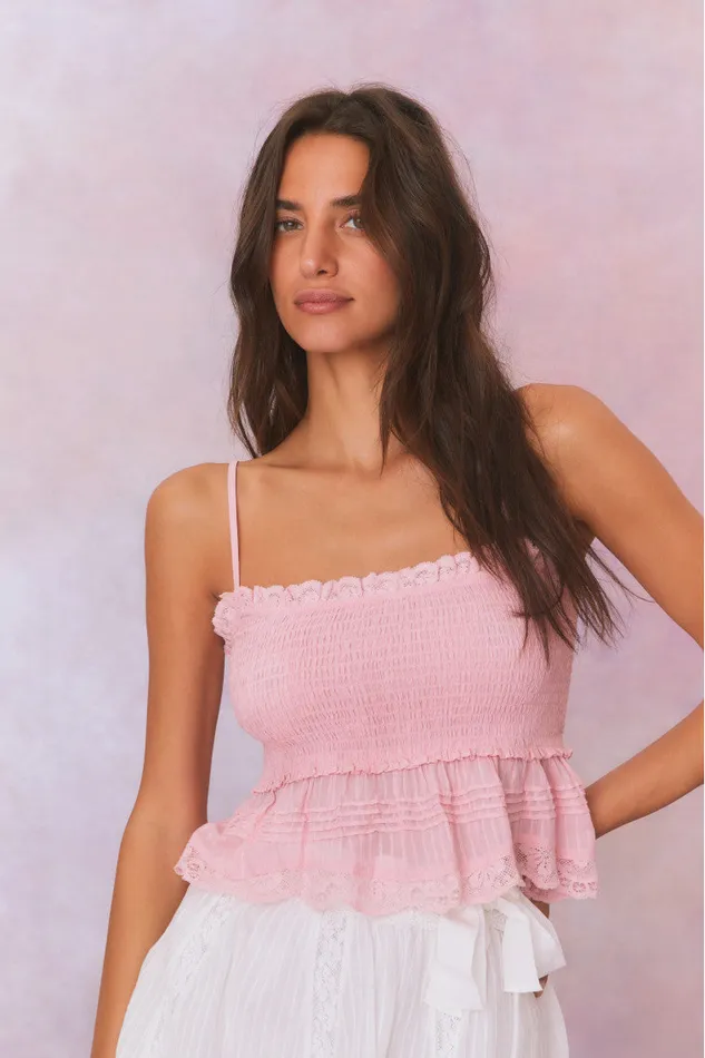 Tops Women LoveShackFancy Marzenia Cotton Smocked Top Cherry Pink