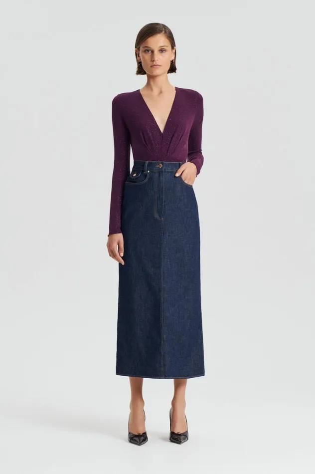 Tops Women Scanlan Theodore TINSEL DRAPE BODYSUIT Aubergine