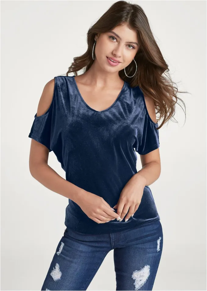 VELVET COLD SHOULDER TOP Navy Women VENUS Night Out Tops