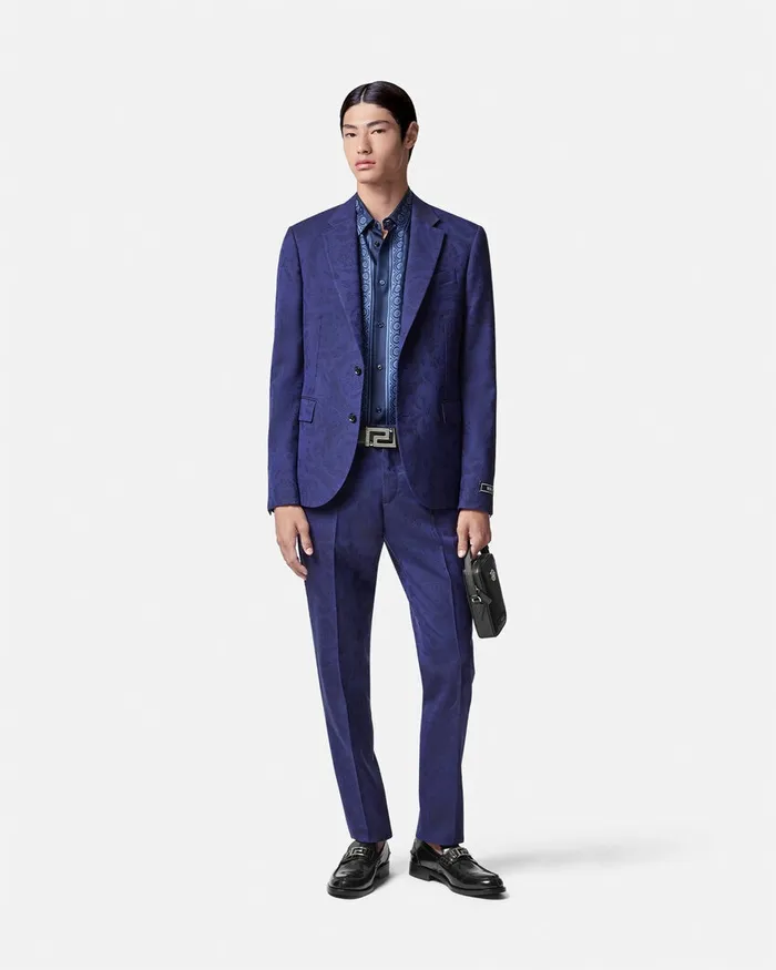 Versace Barocco Jacquard Wool Pants Blue Men Blazers and Suits