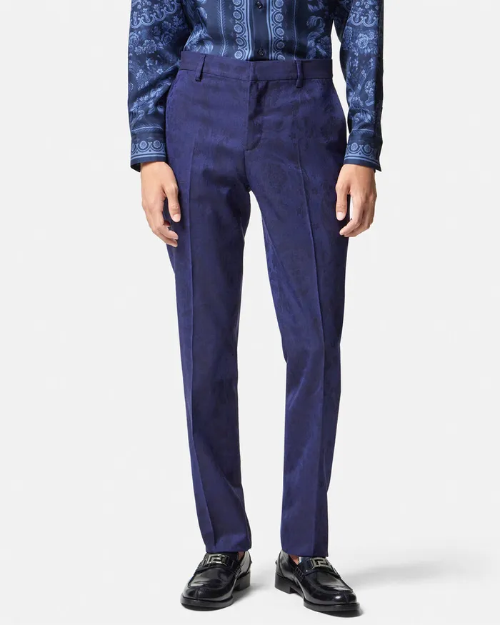 Versace Barocco Jacquard Wool Pants Blue Men Blazers and Suits