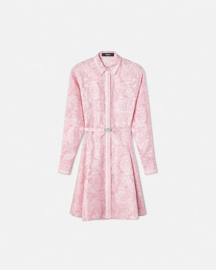 Versace Barocco Silk Midi Shirt Dress Pinkprint Women Dresses