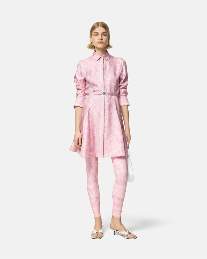 Versace Barocco Silk Midi Shirt Dress Pinkprint Women Dresses