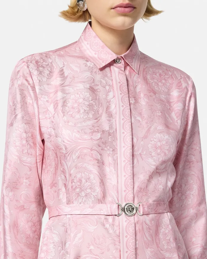 Versace Barocco Silk Midi Shirt Dress Pinkprint Women Dresses