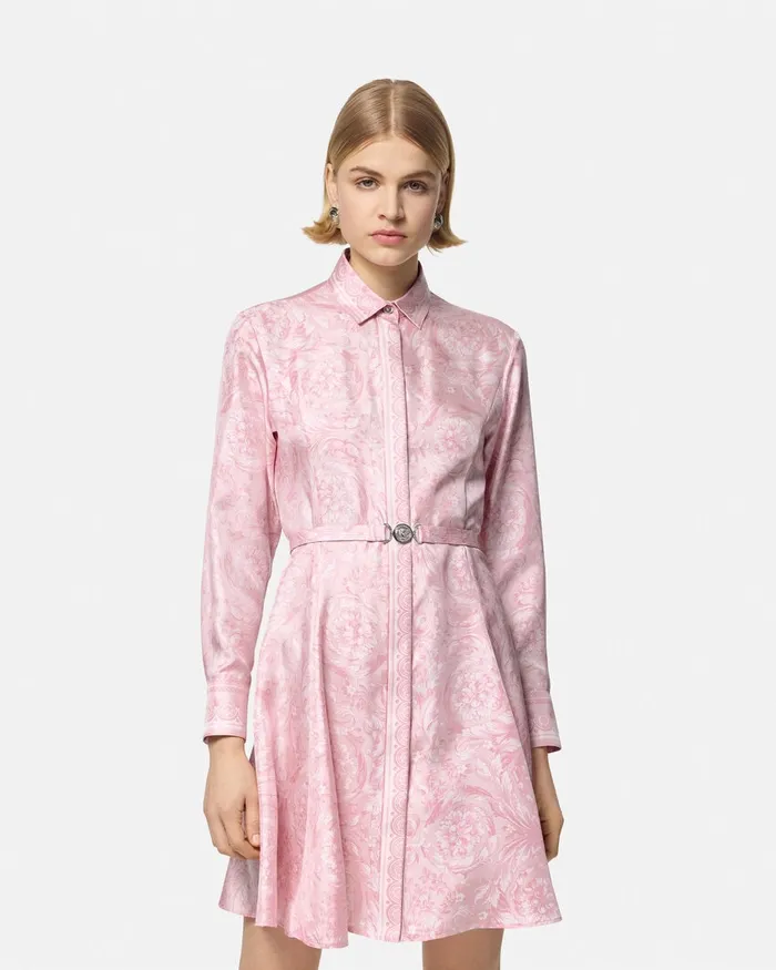 Versace Barocco Silk Midi Shirt Dress Pinkprint Women Dresses