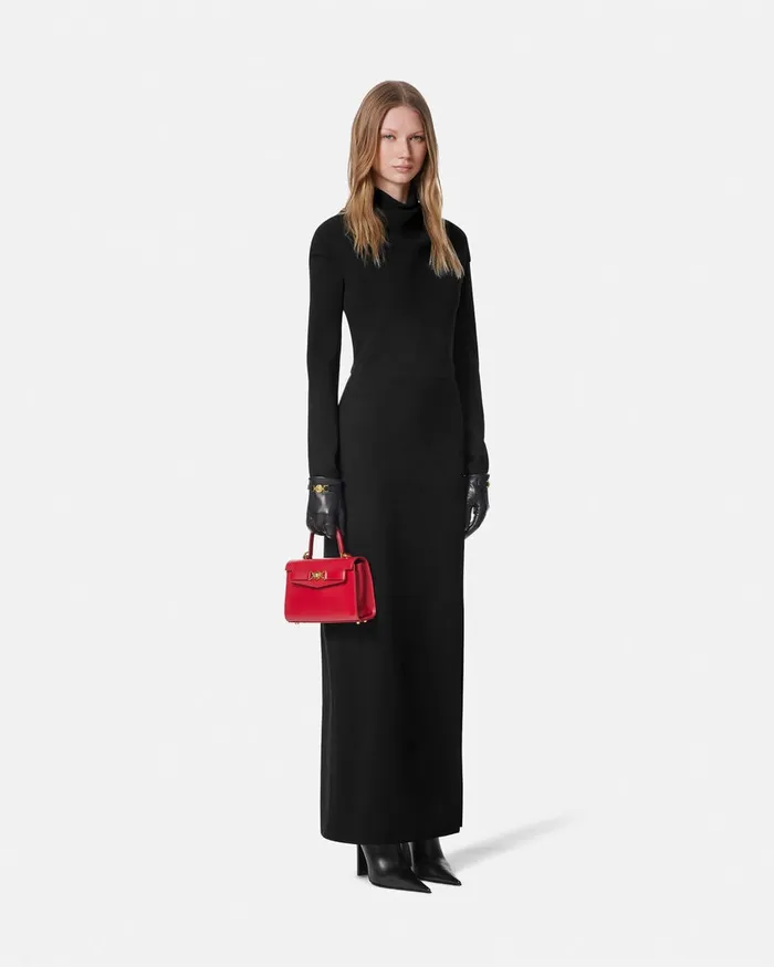 Versace Cady DrapedNeck Slit Gown Black Women Dresses