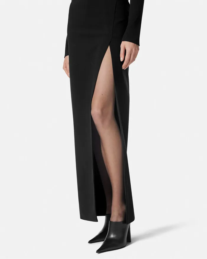 Versace Cady DrapedNeck Slit Gown Black Women Dresses
