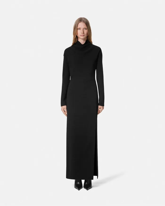 Versace Cady DrapedNeck Slit Gown Black Women Dresses