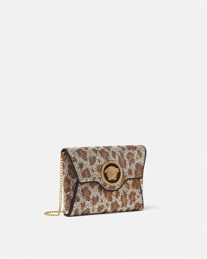 Versace Crystal Leopard La Medusa Clutch Blackgold Women Shoulder and Crossbody