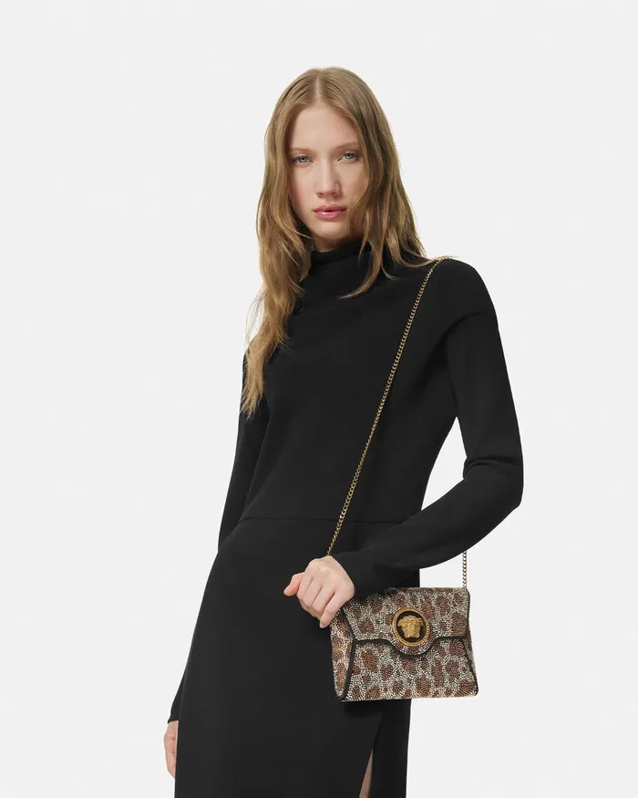 Versace Crystal Leopard La Medusa Clutch Blackgold Women Shoulder and Crossbody