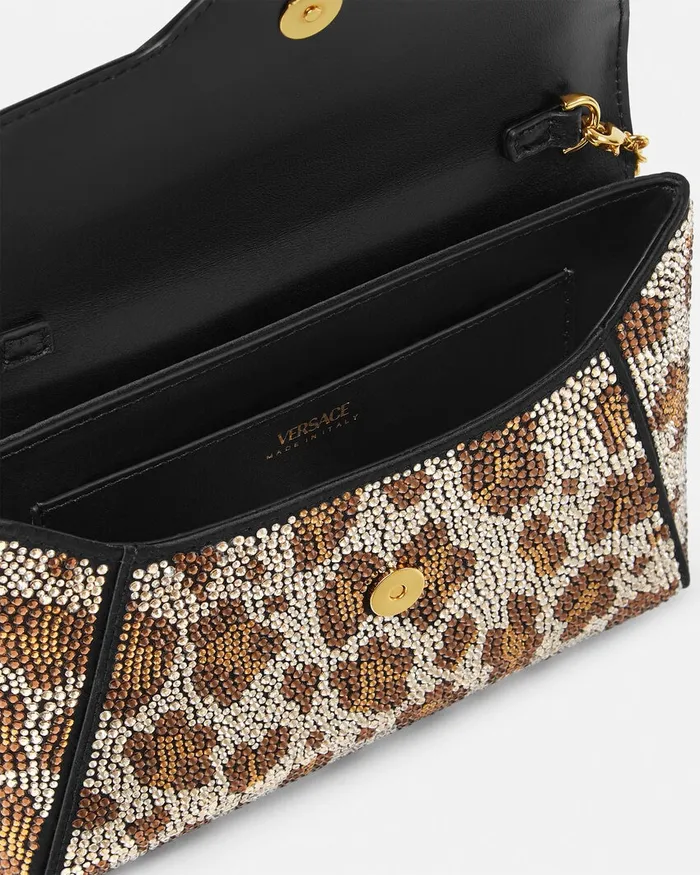 Versace Crystal Leopard La Medusa Clutch Blackgold Women Shoulder and Crossbody