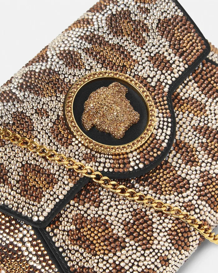 Versace Crystal Leopard La Medusa Clutch Blackgold Women Shoulder and Crossbody