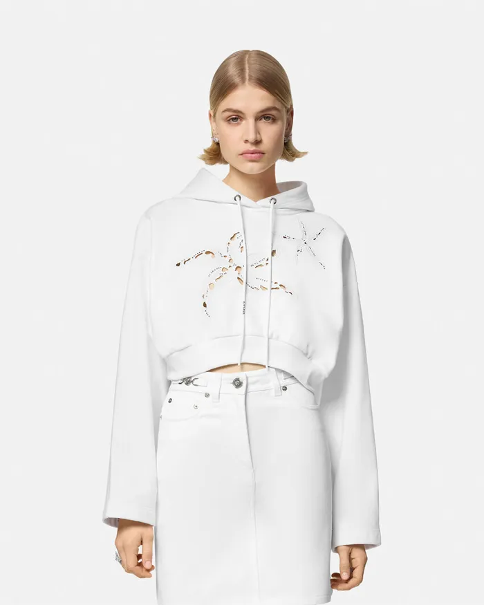 Versace Embroidered Crop Hoodie White Women TShirts and Sweatshirts