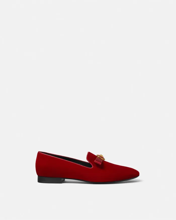 Versace Gianni Ribbon Velvet Slippers Red Women Loafers and Flats