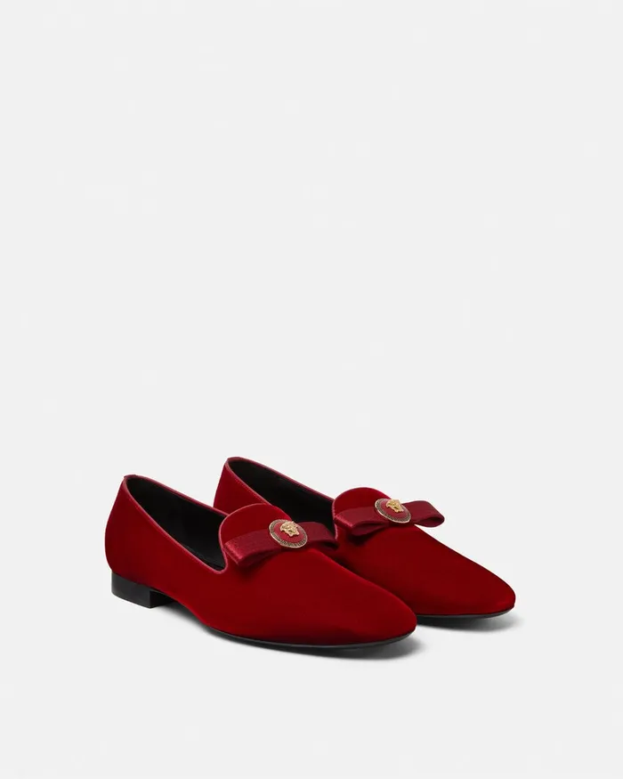 Versace Gianni Ribbon Velvet Slippers Red Women Loafers and Flats