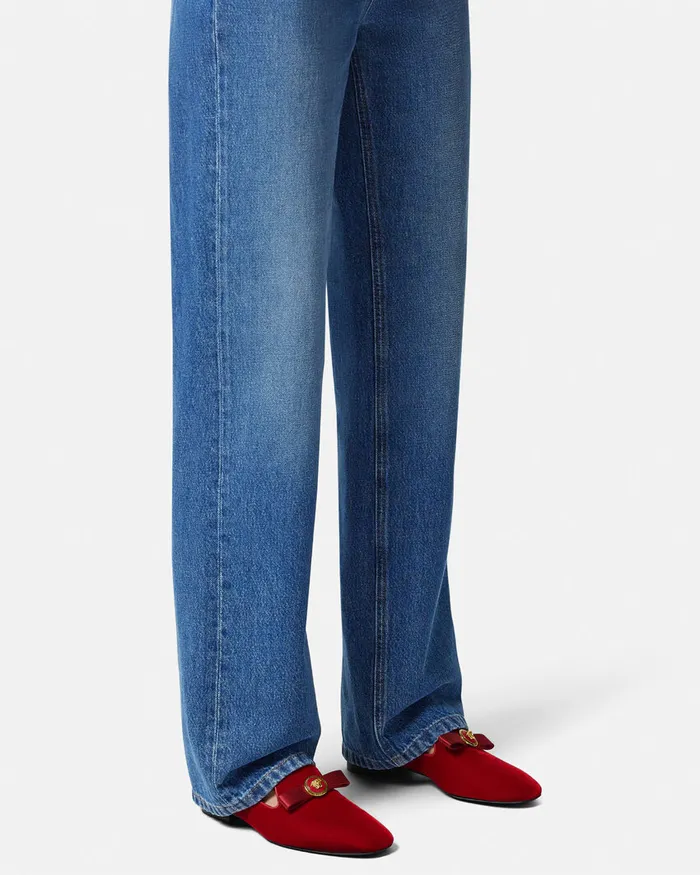 Versace Gianni Ribbon Velvet Slippers Red Women Loafers and Flats