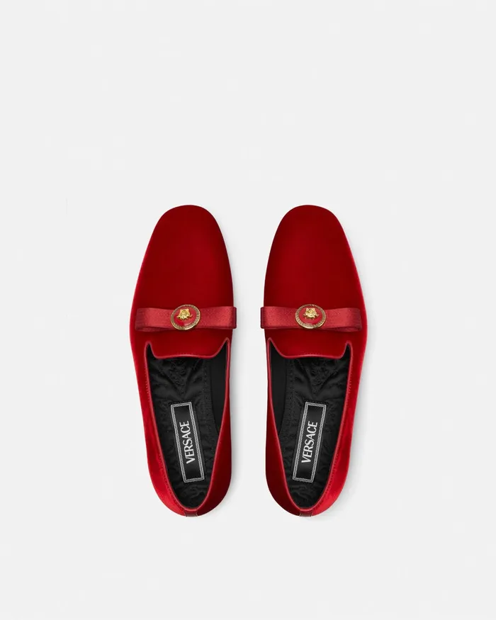 Versace Gianni Ribbon Velvet Slippers Red Women Loafers and Flats
