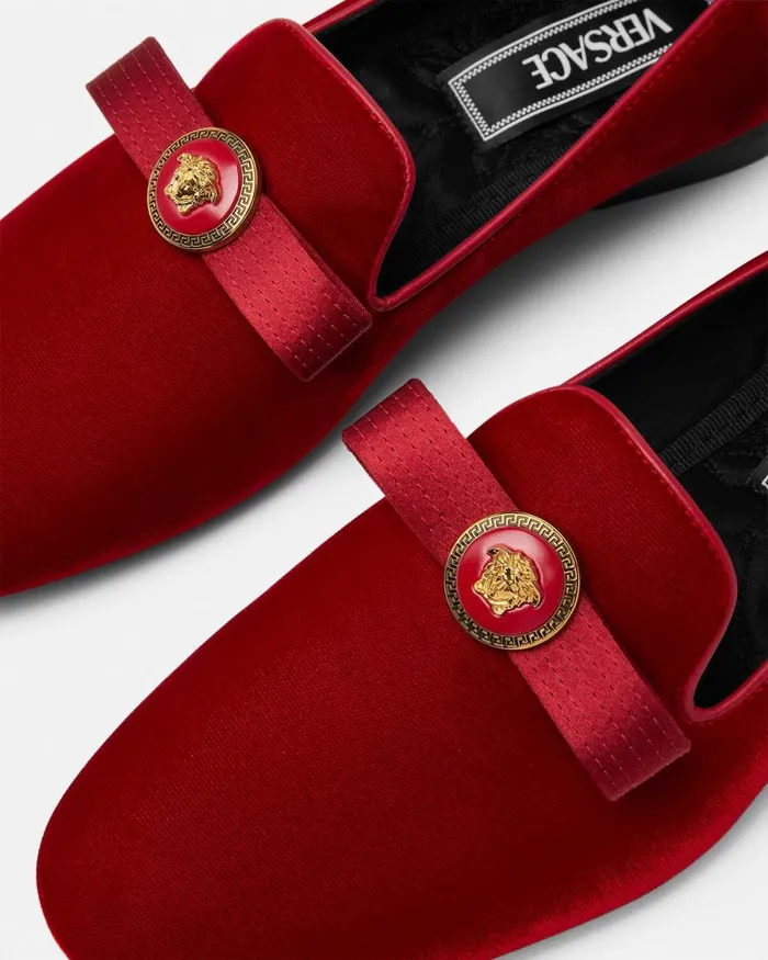 Versace Gianni Ribbon Velvet Slippers Red Women Loafers and Flats