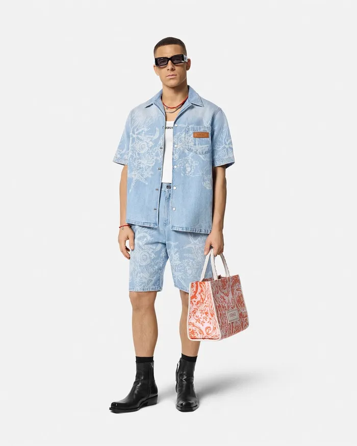 Versace Lasered Barocco Sea Denim Shorts Blue Men Pants and Shorts