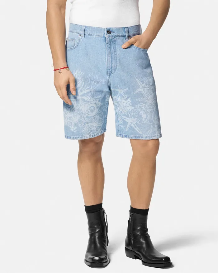 Versace Lasered Barocco Sea Denim Shorts Blue Men Pants and Shorts