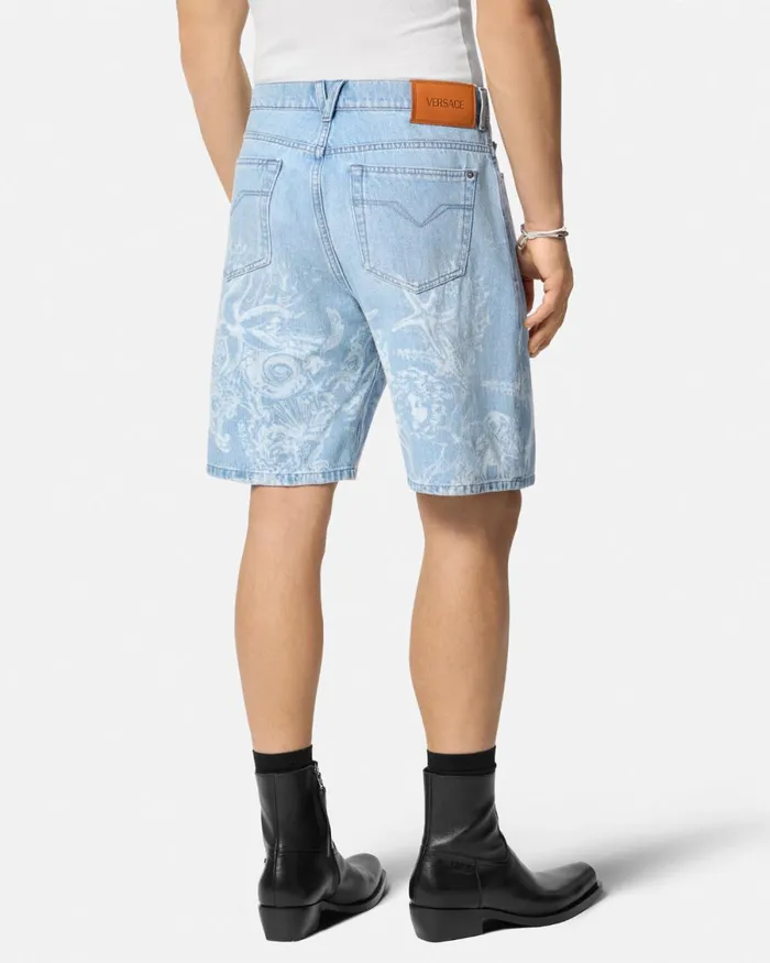 Versace Lasered Barocco Sea Denim Shorts Blue Men Pants and Shorts