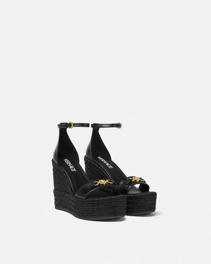 Versace Medusa 03995 Leather Wedge Sandals 120 Mm Blackgold Women Sandals