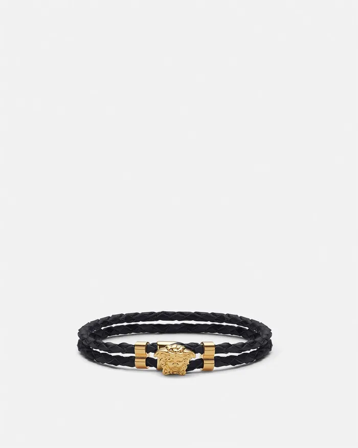 Versace Medusa Braided Leather Bracelet Blackgold WomenMen Bracelets