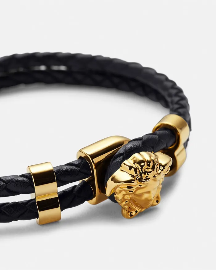 Versace Medusa Braided Leather Bracelet Blackgold WomenMen Bracelets