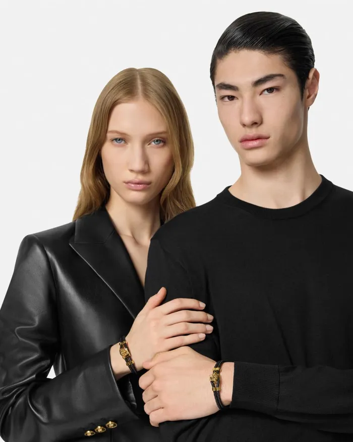 Versace Medusa Braided Leather Bracelet Blackgold WomenMen Bracelets