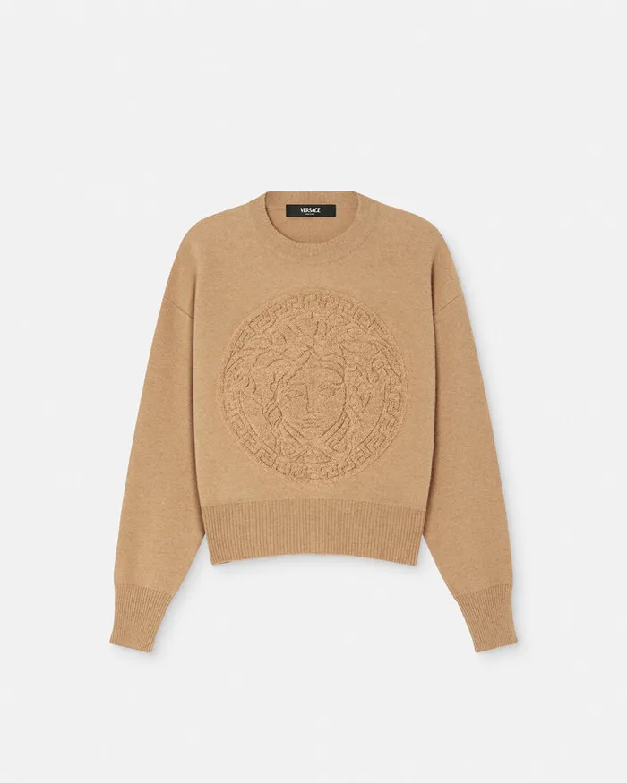 Versace Medusa WoolBlend Knit Towel Sweater Beige Women Knitwear