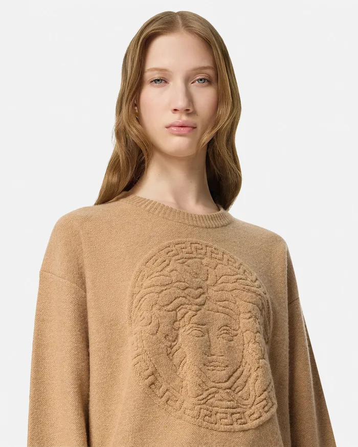 Versace Medusa WoolBlend Knit Towel Sweater Beige Women Knitwear