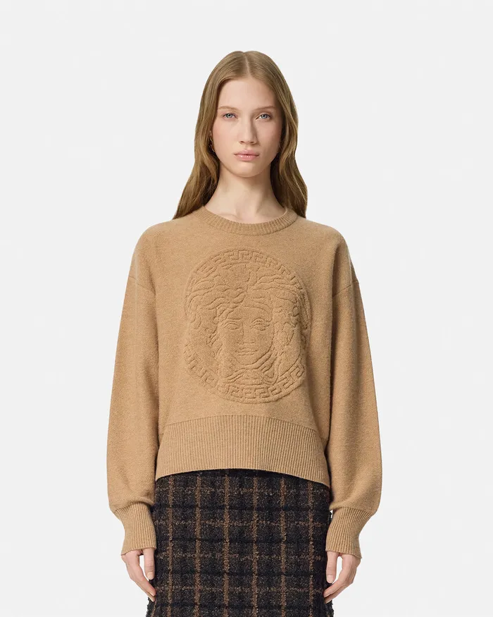 Versace Medusa WoolBlend Knit Towel Sweater Beige Women Knitwear