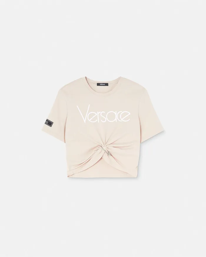 Versace Safety Pin Crop Logo TShirt Light Pink Women TShirts and Sweatshirts