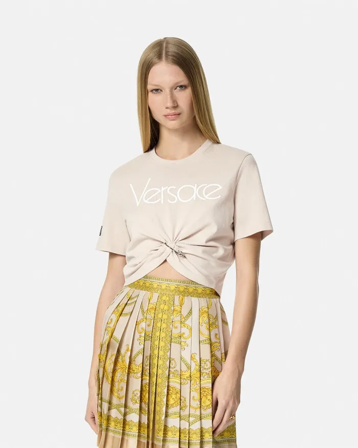 Versace Safety Pin Crop Logo TShirt Light Pink Women TShirts and Sweatshirts
