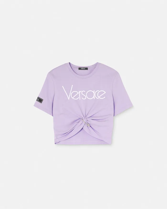 Versace Safety Pin Crop Logo TShirt Lilac Women TShirts and Sweatshirts