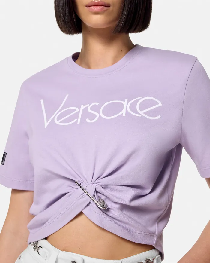 Versace Safety Pin Crop Logo TShirt Lilac Women TShirts and Sweatshirts