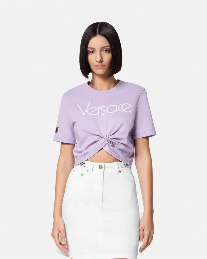 Versace Safety Pin Crop Logo TShirt Lilac Women TShirts and Sweatshirts