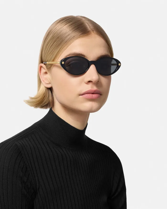Versace Tubular Greca Oval Sunglasses Blackgold Women Sunglasses